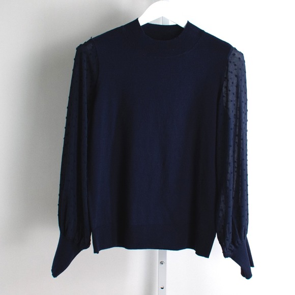 CeCe Navy Blue Sweater Top Polka Dot Sheer Sleeves Mock Neck Blouse Women Size M - Picture 1 of 10